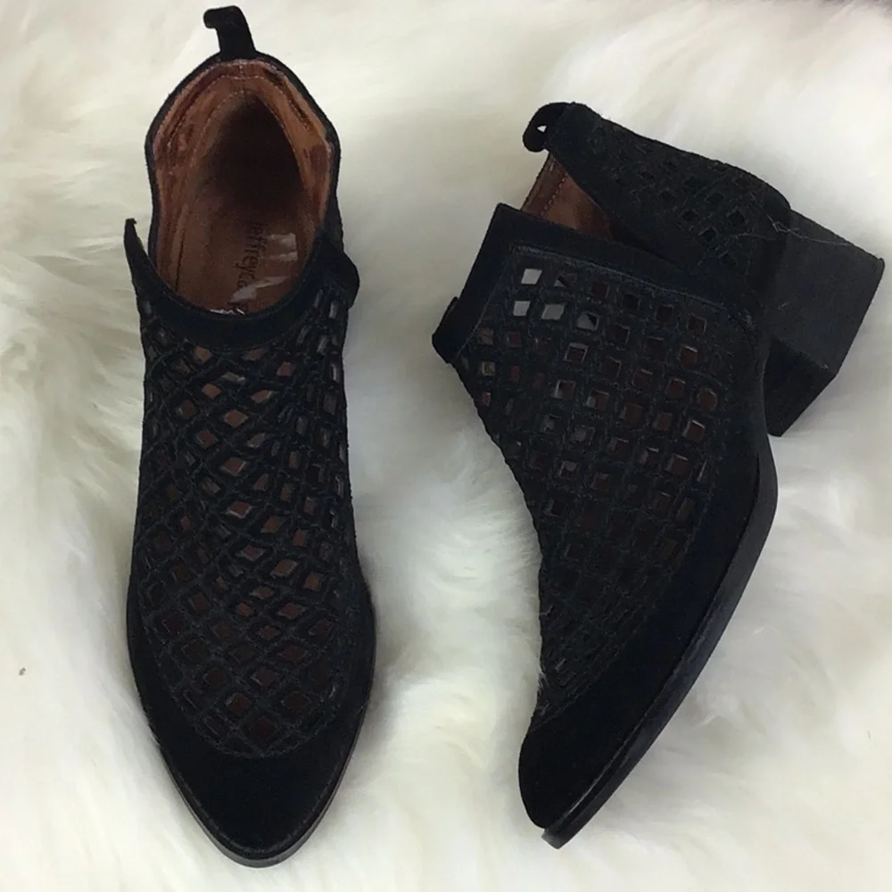 JEFFREY Campbell Size 7 Taggart Booties Black Suede Lasercut Uppers Slip On - Picture 3 of 11